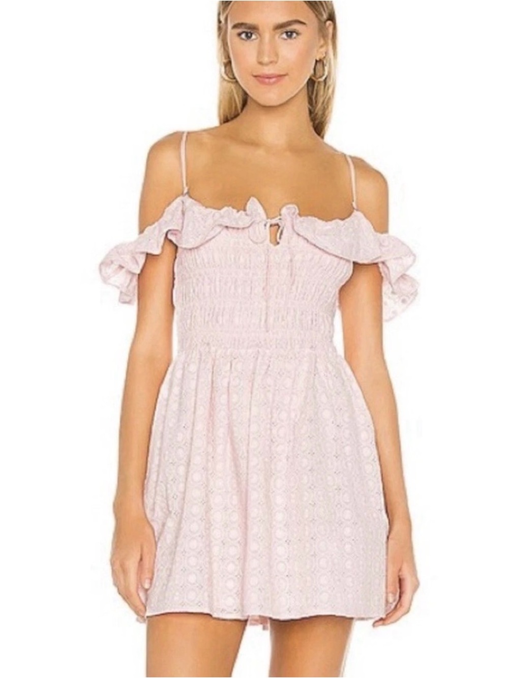 MAJORELLE Revolve Nelvin Mini Eyelet Ruffle Dress in Baby Pink Size Small